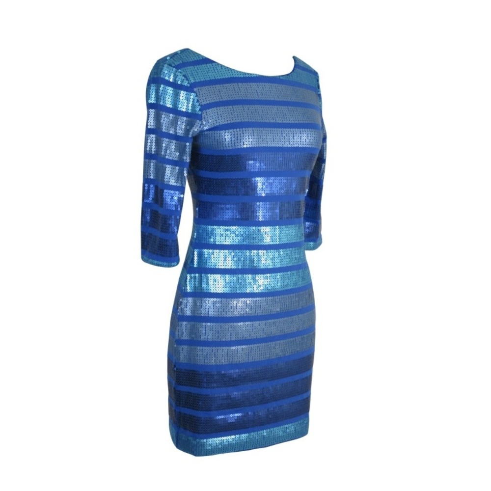 Blue Cocktail Short Dress Sequin 3/4 Sleeve Sequin